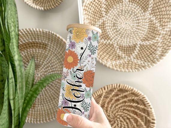 Personalized Frosted Glass Tumbler, Iced Coffee Cup, Bachelorette Party, Boho Retro Floral, Bridesmaid Proposal Gift H20