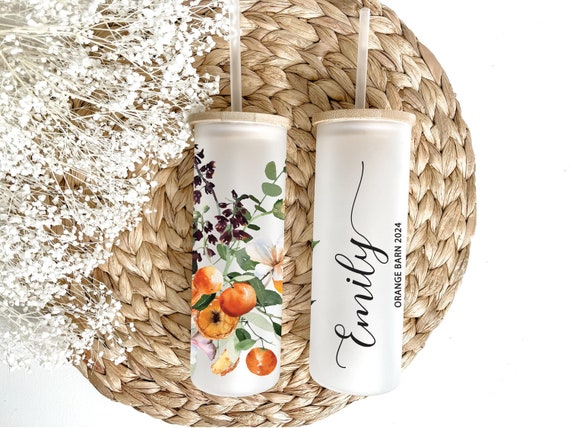 Orange Floral Gift, Custom Name Frosted Glass Tumbler, Bachelorette, Friend, Bridesmaid Proposal, Baby shower, Wedding guest Favor H55