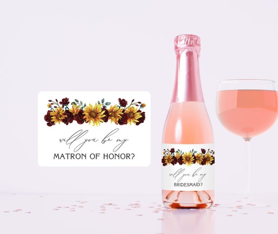 Sunflower Burgundy Mini Champagne Wine Label, Will you be my Bridesmaid Maid of Honor matron of Honor, Proposal Gift Favor Box Idea S021