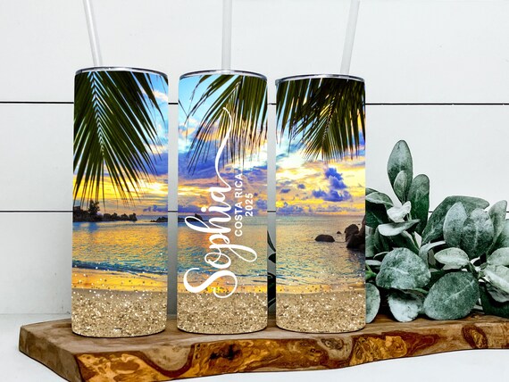 Personalized tumbler, Beach gift, Sunset  Sand Palm tree, Travel vacation, Bridesmaid Proposal, Cruise Bachelorette Party, Wedding T245