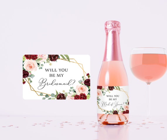 Will you be my bridesmaid mini wine champagne label, Flower girl Maid of Honor Proposal Gift Box Idea, Burgundy Blush Wedding Stickers S042