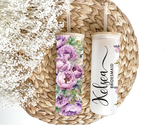 Peonies Purple, Violet, Gold Wedding - Custom Name Frosted Glass Tumbler |Bachelorette, Birthday, Best Friend, Bridesmaid Proposal Gift H40