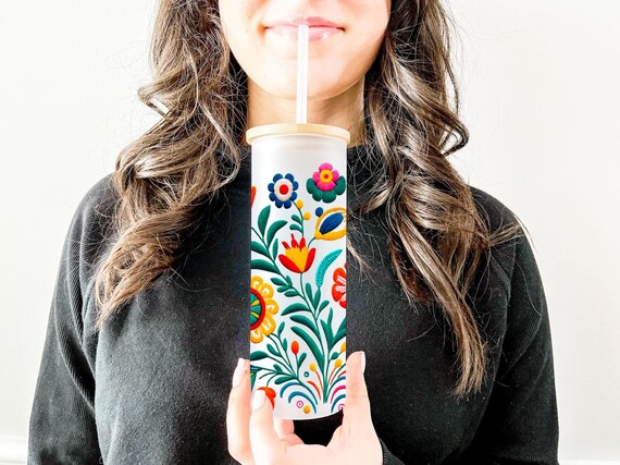 Mexican Flower Glass Tumbler, Cinco de Mayo Party Gift, Margs and Matrimony, Fiesta Bachelorette Party Favor, Iced Coffee Glass H53