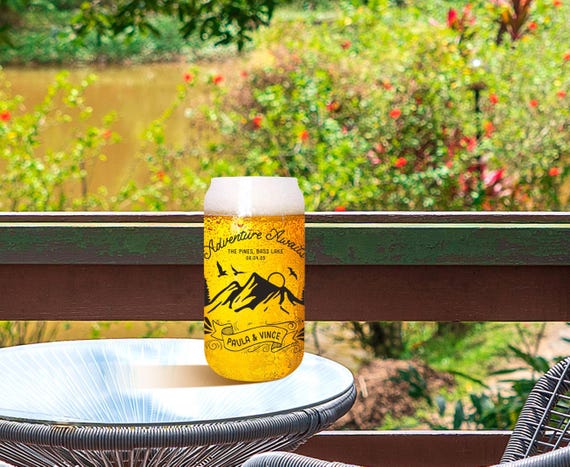 Personalized Mountain Beer Glass, 18oz Frosted Can Cup, Bridesmaid Gift, Bachelorette Favor, Wedding Keepsake, Outdoor Travel Engagement B21