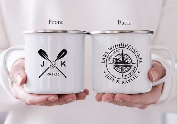 Lake Wedding Gift Favor, Camping Mug, Bridal Shower Anniversary Engagement, Latitude Longitude Compass Cup for Bride & Groom H153
