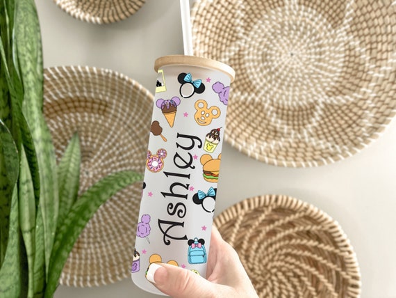 Magical Snacks Glass Tumbler, Iced Coffee Mug with Name, Birthday Party, Bridal Party, Bridesmaid Proposal, Mickey Mouse Gift H18