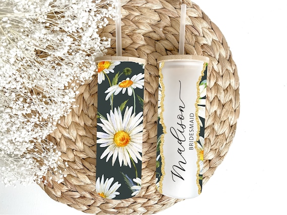 Daisy Bridesmaid Gift, Personalized Frosted Glass Tumbler, Birthday Bachelorette Bridal Party Keepsake, Hunter Green Gold Wedding Favor H36