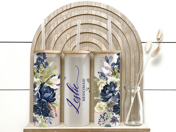 Dark Blue Frosted Glass Tumbler, Navy Bridesmaid Proposal Gift, Wedding Favor, Bridal Shower, Best Friend, Personalized Iced Coffee Cup H59