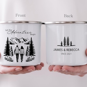 Personalized Engagement Gift for Couple, Wedding Anniversary Camping Mug, Bride Groom Elopement Favor, Mountain Wedding Newlywed Shower H166