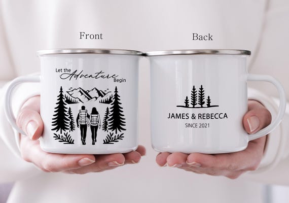 Personalized Engagement Gift for Couple, Wedding Anniversary Camping Mug, Bride Groom Elopement Favor, Mountain Wedding Newlywed Shower H166