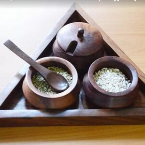 Wooden Triangular SERVING BOWL With Spoon & Stand