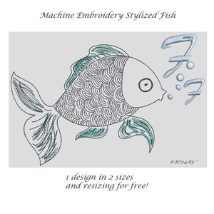 Könnte beinhalten: Maschinenstickerei-Design eines stilisierten blauen Fisches mit einem Auge und Blasen. Das Design ist 6,87 Zoll breit und 4,65 Zoll hoch. Der Text "7" ist in Silber über dem Fisch gestickt.