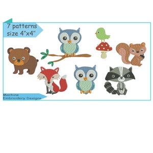 Könnte beinhalten: Sieben Stickmotive mit Waldtieren, darunter ein Bär, ein Fuchs, eine Eule, ein Waschbär, ein Eichhörnchen und ein Vogel auf einem Pilz. Die Motive sind 4 Zoll mal 4 Zoll groß.