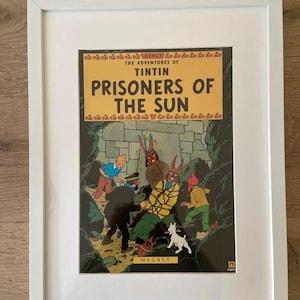 Tintin wall art; Prisoners of the Sun Magazine cover framed. Ideal Tintin fan birthday gift, for nursery or child&#39;s bedroom