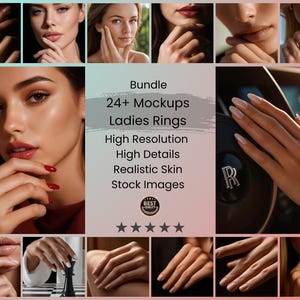 Paquete de más de 24 maquetas de mujeres/imágenes de stock para exhibir anillos y joyas en fotos realistas de manos de mujer de alta resolución (descarga digital)