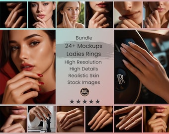 Pacchetto di oltre 24 immagini di donne in versione mockup/stock per mettere in mostra anelli e gioielli su foto realistiche e ad alta risoluzione delle mani delle donne (download digitale)