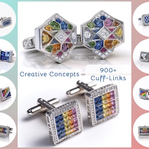 May include: A collection of various cufflinks with colorful gemstone designs. Some cufflinks feature geometric patterns with blue, yellow, and red stones, while others have a mosaic of multi-colored gems. The text "Creative Concepts" and "900+ Cuff-Links" are also visible.