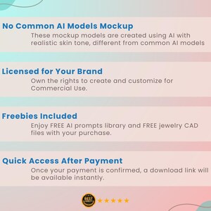 May include: A digital graphic with text on a pink and blue background. The text includes "No Common AI Models Mockup", "Licensed for Your Brand", "Freebies Included", and "Quick Access After Payment". A gold badge with stars is at the bottom.