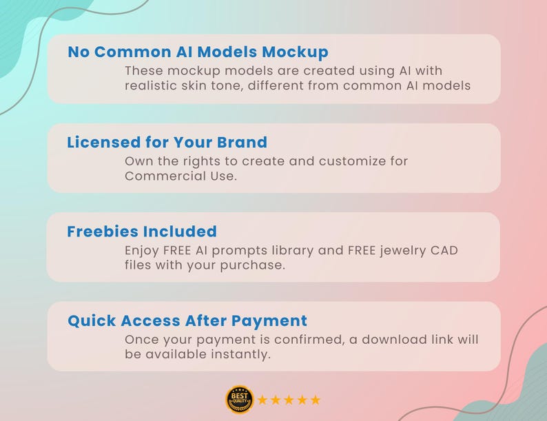 May include: A digital graphic with text on a pink and blue background. The text includes "No Common AI Models Mockup", "Licensed for Your Brand", "Freebies Included", and "Quick Access After Payment". A gold badge with stars is at the bottom.