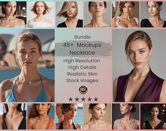 Pacchetto di oltre 45 immagini di donne in formato mockup/stock per mettere in mostra collane, catene, perline e gioielli su foto di donne ad alta risoluzione (download digitale)