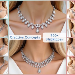 Può includere: Un collage di collane scintillanti con vari design, tra cui pendenti a goccia e motivi intricati. L'immagine presenta il testo "Creative Concepts" e "950+ Necklaces". Le collane sono esposte su modelle.