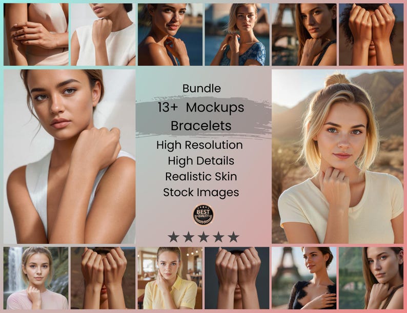 Bundle of 13+ Woman Mockup | Stock Images to Showcase Bracelet & Fine Jewelry on Realistic, High-Resolution Women’s Photo (Digital Download)