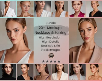 Pacchetto di oltre 20 immagini di donne in versione mockup/stock per mettere in mostra collane, catene e orecchini su foto realistiche ad alta risoluzione (download digitale)