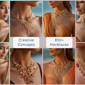 Könnte beinhalten: Eine Collage mit verschiedenen goldenen Halsketten mit aufwendigen Designs, verziert mit Edelsteinen. Das Bild enthält den Text "Creative Concepts" und "850+ Necklaces". Die Halsketten haben zarte Ketten und Anhänger, die an Models präsentiert werden.