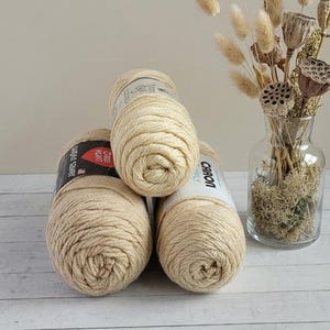 May include: Three skeins of beige yarn are stacked together, with labels visible. The yarn is a light, neutral color. A clear glass vase with dried flowers and moss sits in the background. The yarn is labeled "Caron Simply Soft" and "Super Saver".