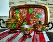 Khokhloma. Vintage tea set. Home decoration. Russian patterns. Hand-painted dishes. Decor element for home, kitchen. Russian culture. Gift.