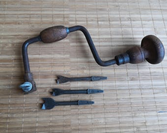 Kolovarot. Antique Soviet Drilling Tool. Antique hand drill. Vintage wood drilling set. An ancient instrument. Vintage carpentry tool 20-30s
