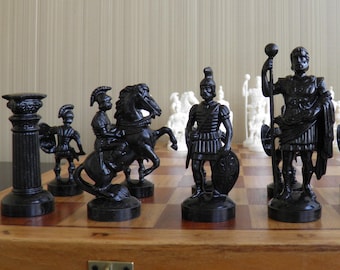 Vintage beautiful plastic chess in very good condition "Romans". Vintage plastic Soviet chess set with wooden chessboard made in the 1990s.