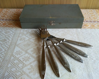 Vintage 6-Piece Fork Set 60s A gift for a musician. Musical symbols, instruments, lyre on cutlery. Soviet vintage dinner service kitchen set