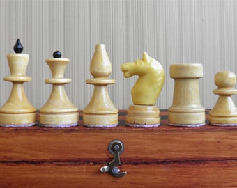 Vintage Soviet chess set 1970-1980s. "Obikhodnye". Chess "Household chess". Soviet chess set of 70-80s, Wooden chessboard with wooden pieces