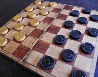 Checkers. Old Soviet wooden checkers of the 60s and a wooden board 34-34 cm. Checkers of the USSR. Vintage soviet checkers, wooden checkers.