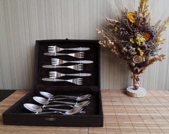 Vintage, gift, Soviet set of 12 items in the original case. Dessert forks and spoons are in good condition. Decoration of the festive table.