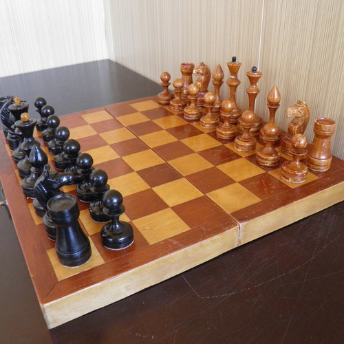 Chess. Soviet, rare wooden chess of the 50-60s. Wooden Soviet chess, old chess of the USSR, Soviet chess of the 60s old shops wooden chess pieces.