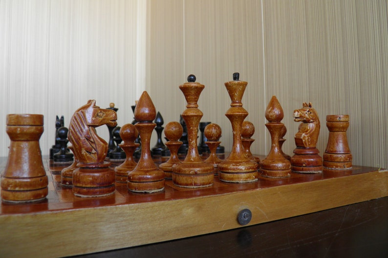 Chess. Soviet, rare wooden chess of the 50-60s. Wooden Soviet chess, old chess of the USSR, Soviet chess of the 60s old shops wooden chess pieces.