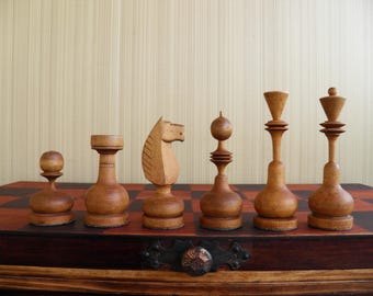 Vintage Soviet wooden chess set from the 30s in good condition a great gift for men, collectors and chess lovers! Antique wooden chess USSR.