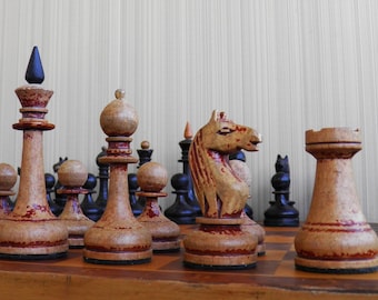 Vintage, weighted, wooden chess set is a beautiful, original gift. Vintage wooden chess set with weights, 1940-1950s and wooden chessboard.