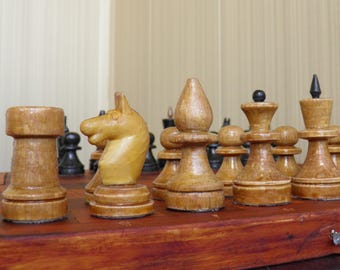 Chess "Household chess".  Vintage Soviet chess set 1960-1970s "Obikhodnye". Soviet chess set of 60-70s, Wooden chessboard with wooden pieces