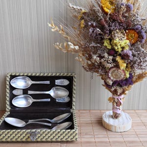 Tea accessories. Gift, set in original case. 6 antique dessert spoons. Vintage, Soviet set of 6 teaspoons. Made in the USSR 1960s.
