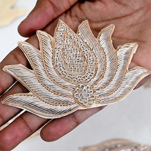 Gold Lotus Embroidered Appliqués: Zardozi Indian Sewing Motif (Set of 4)