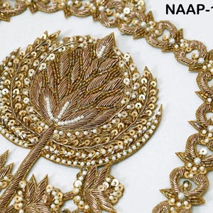 Zardozi Floral Applique Patch | Antique Gold Embroidery Trim | Handmade Indian Motif for Bridal Wear, Jackets, Sarees, Costumes, Home Decor
