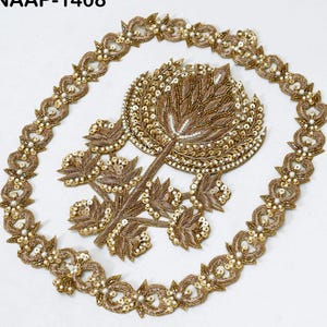 Zardozi Floral Applique Patch: Antique Gold Indian Embroidery Persian gown Neckline