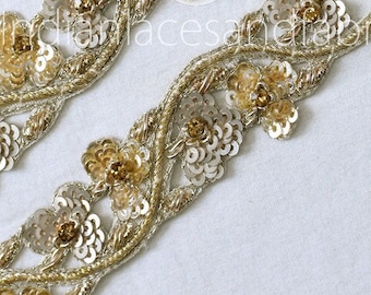 Sequin Zardozi Trim: Handmade Indian Sari Border, Wedding Dress Lace (3 Yards)