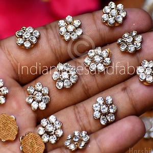 100-Piece Set: Tiny 1cm Rhinestone Flower Appliques | Handcrafted Zardozi Sew-on Patches for Haute Couture & Bridal Wear