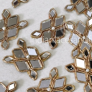 50 Pc Mirror Work Appliqué –  Gold Handcrafted Embellishment, Zardozi Work Motif, Embroidery Patch for Blouse, Lehenga, Dupatta, DIY Costume