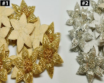 20 Tiny Beaded Flower Shaped Golden Patch Applique Embroidery Bridal Wedding Dresses Beads Headband Appliques Supply Sewing Accessories