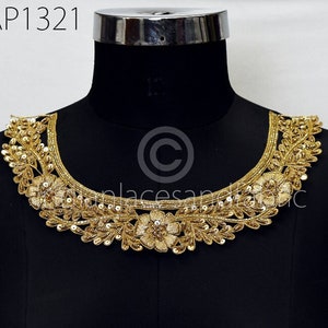 Toppe per scollatura Zardosi Gold Toppe per scollatura fatte a mano con maniche Collo decorativo Artigianato artigianale Collo Zardosi indiano per abiti